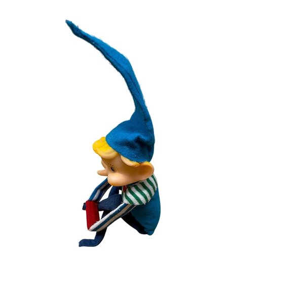 Vintage Knee Hugger Elf Figurine Blue Hat Striped Blond Scarf Christmas Decor - Picture 3 of 7